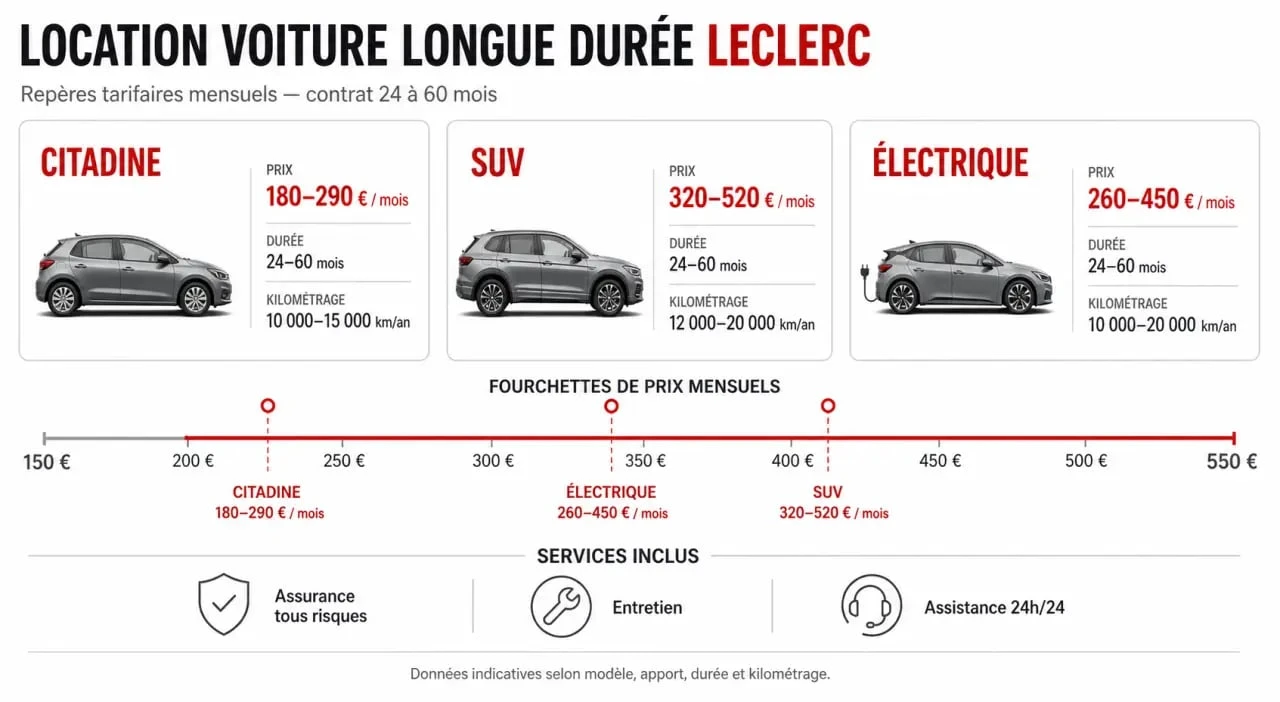 Tarifs location voiture longue durée Leclerc : citadine, SUV et électrique avec prix mensuels et conditions clés