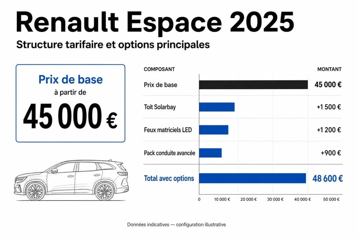 Infographie des prix et options du Renault Espace 2025
