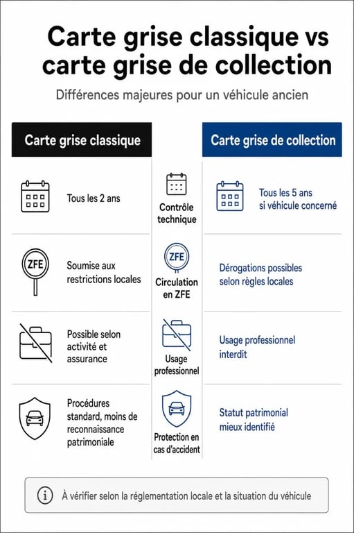 Tableau comparatif des avantages et inconvénients de la carte grise collection par rapport à la carte grise classique