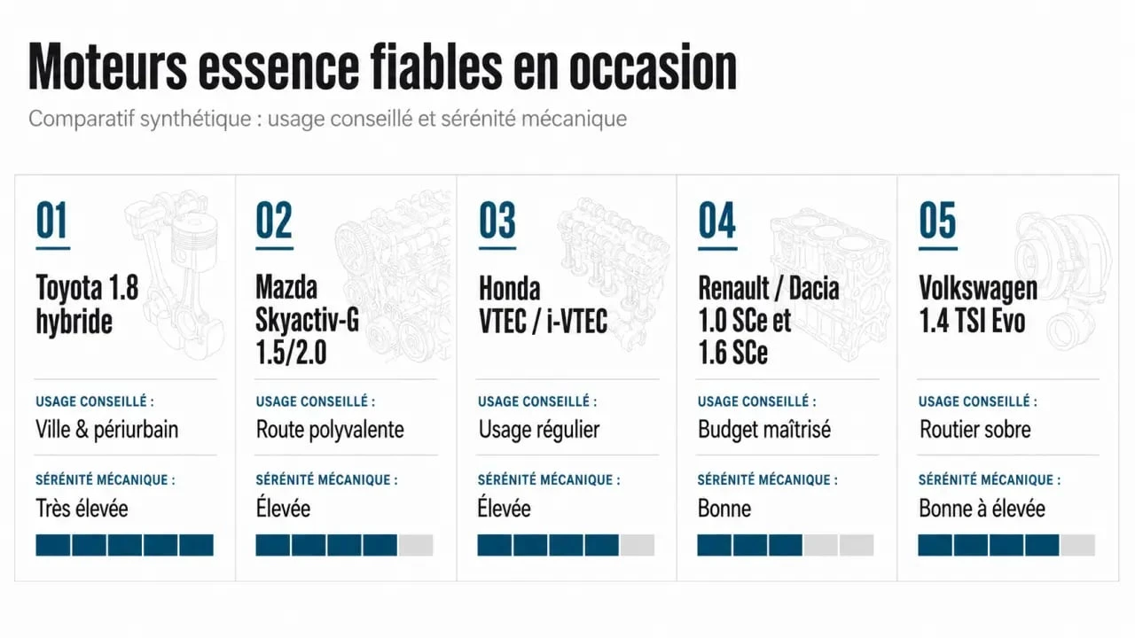 Comparatif des moteurs essence les plus fiables pour l’occasion avec Toyota, Mazda, Honda, Renault Dacia et Volkswagen