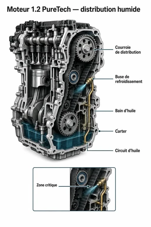 Schéma technique du moteur 1.2 PureTech expliquant le rappel pour le défaut de courroie et de buse d'huile