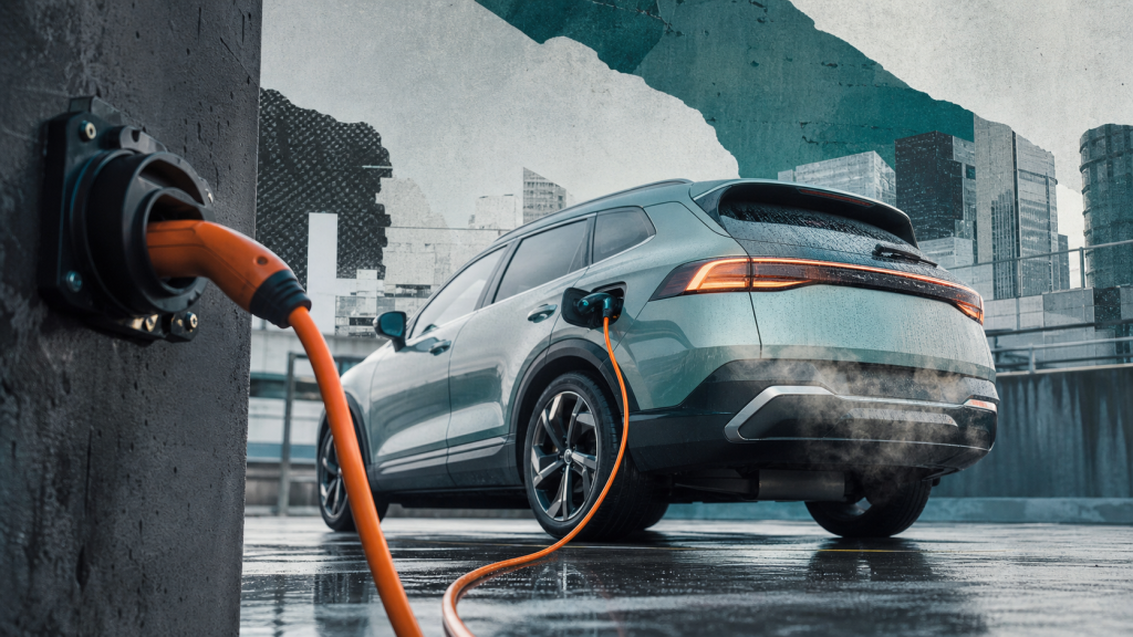 Quelle voiture hybride diesel rechargeable d’occasion, SUV en charge sur parking urbain humide