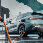 Quelle voiture hybride diesel rechargeable d’occasion, SUV en charge sur parking urbain humide