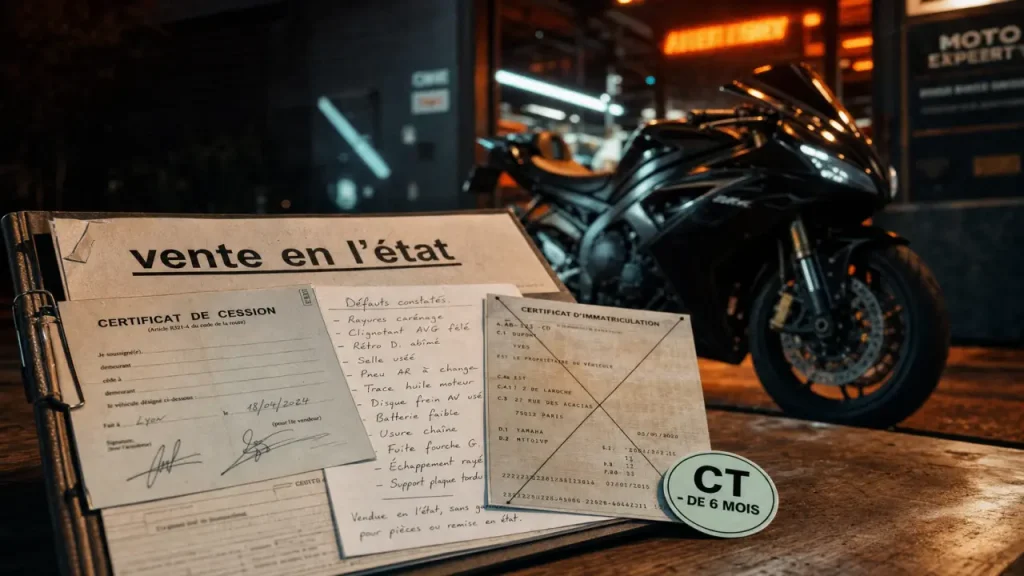 Vente moto sans controle technique en l’état : dossier CT et carte grise barrée