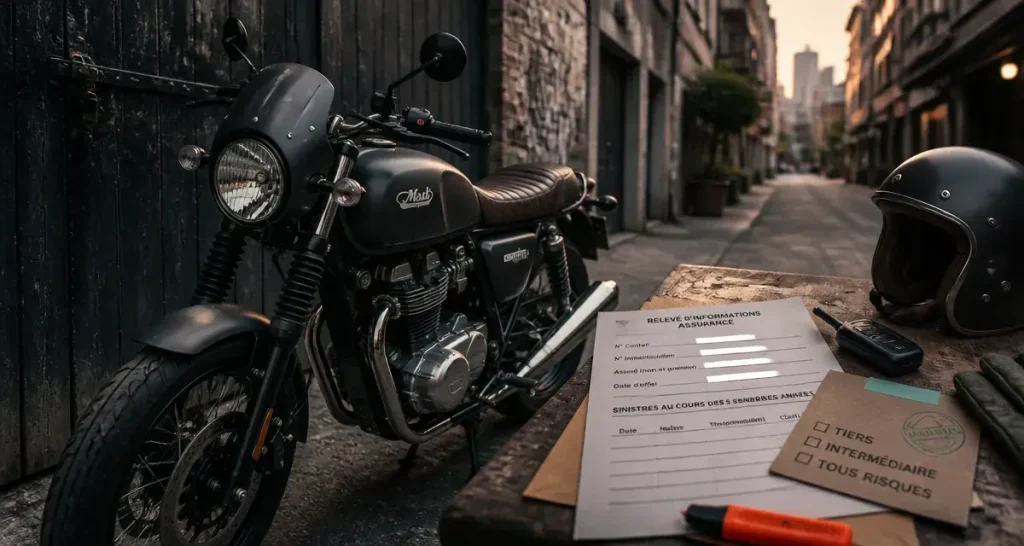 Assurance moto Mash près d’un garage, relevé d’assurance et options Tiers, Intermédiaire ou Tous risques