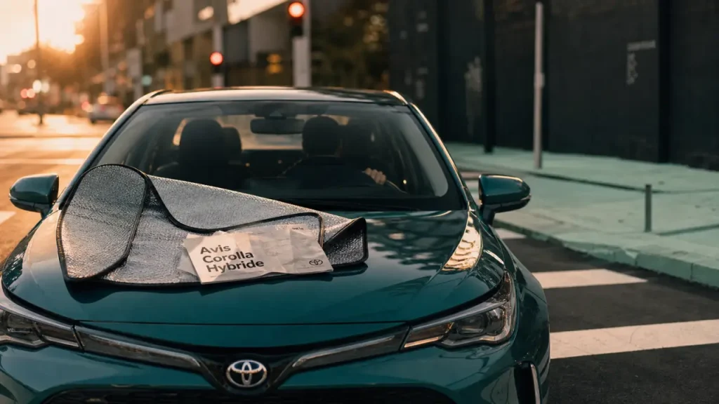 Avis Toyota Corolla hybride : conductrice ajuste le tableau de bord, près d’un passage piéton en ville