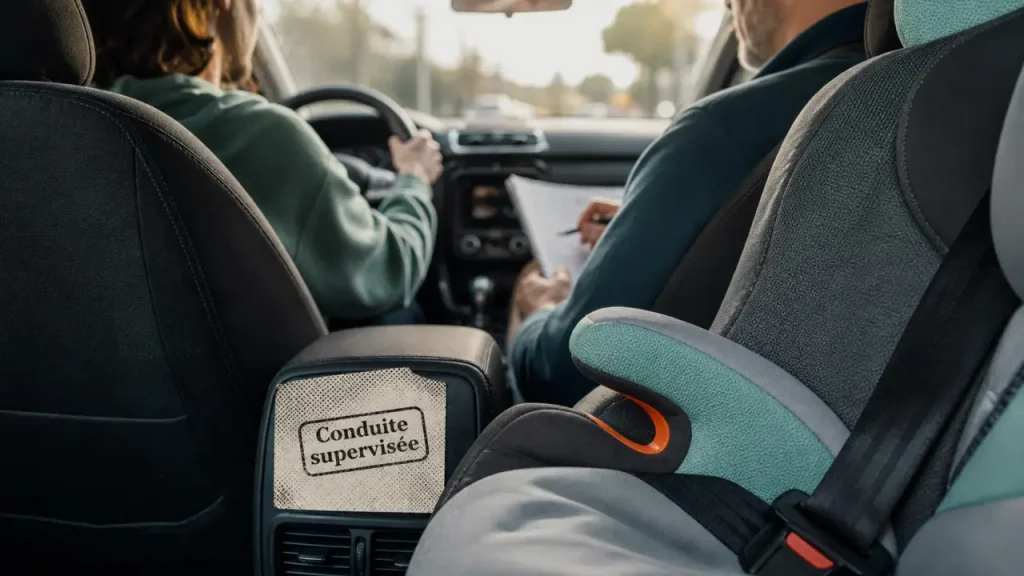 Conduite supervisée passagers arrière : arrière en voiture avec élève au volant