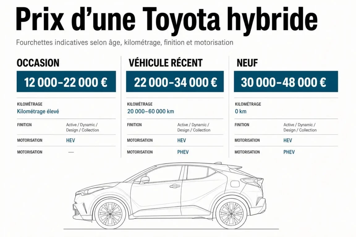 Toyota hybride prix : comparaison visuelle des fourchettes de prix, kilométrage et motorisations