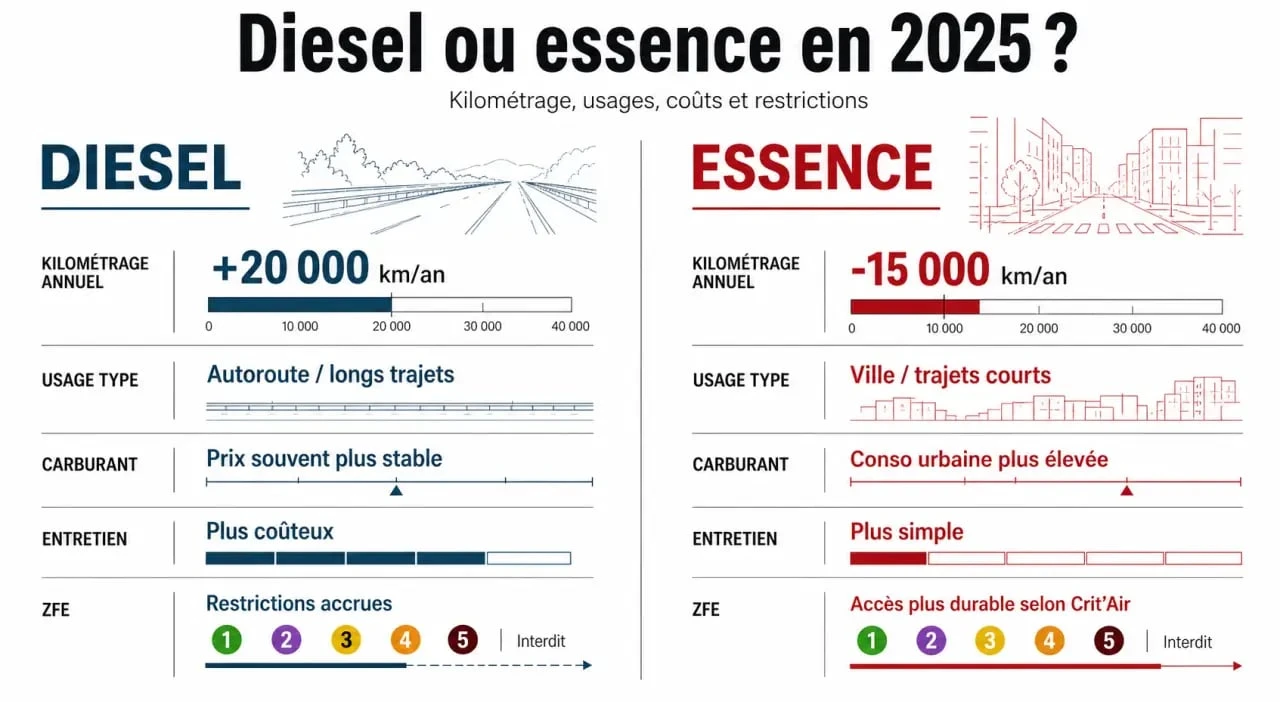 Comparatif diesel ou essence en 2025 : quels usages, coûts et restrictions choisir