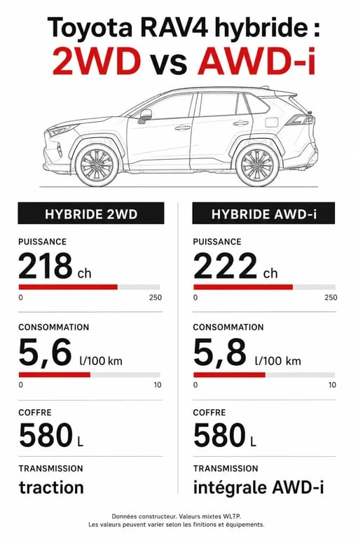 Fiche technique rav4 comparant les versions hybride 2WD et AWD-i avec leurs chiffres clés
