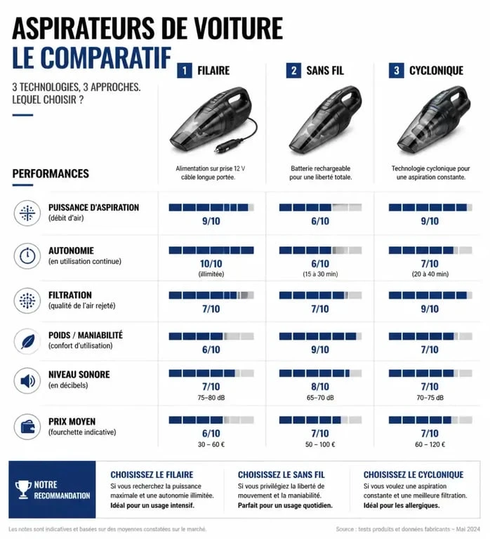 Infographie comparative des meilleurs aspirateurs pour voiture : filaire, sans fil et cyclonique
