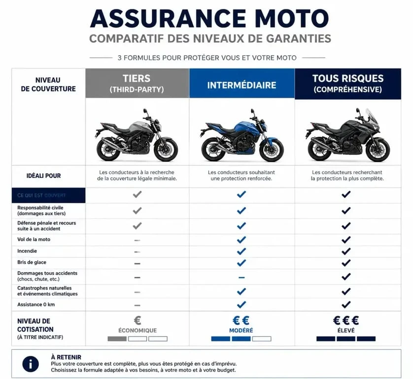 Tableau comparatif des formules d'assurance moto Mash : tiers, intermédiaire et tous risques
