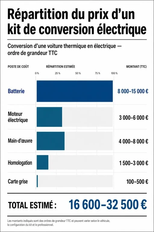 Kit conversion voiture thermique en électrique prix : répartition du coût entre batterie, moteur, pose et homologation