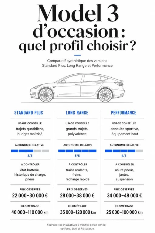 Tesla Model 3 La Centrale : comparaison éditoriale des versions Standard Plus, Long Range et Performance avec prix, kilométrage et points de vigilance