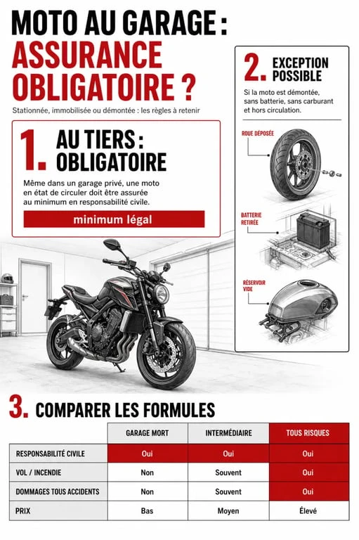 Assurance garage moto : moto dans un garage avec rappel des formules et des exceptions légales