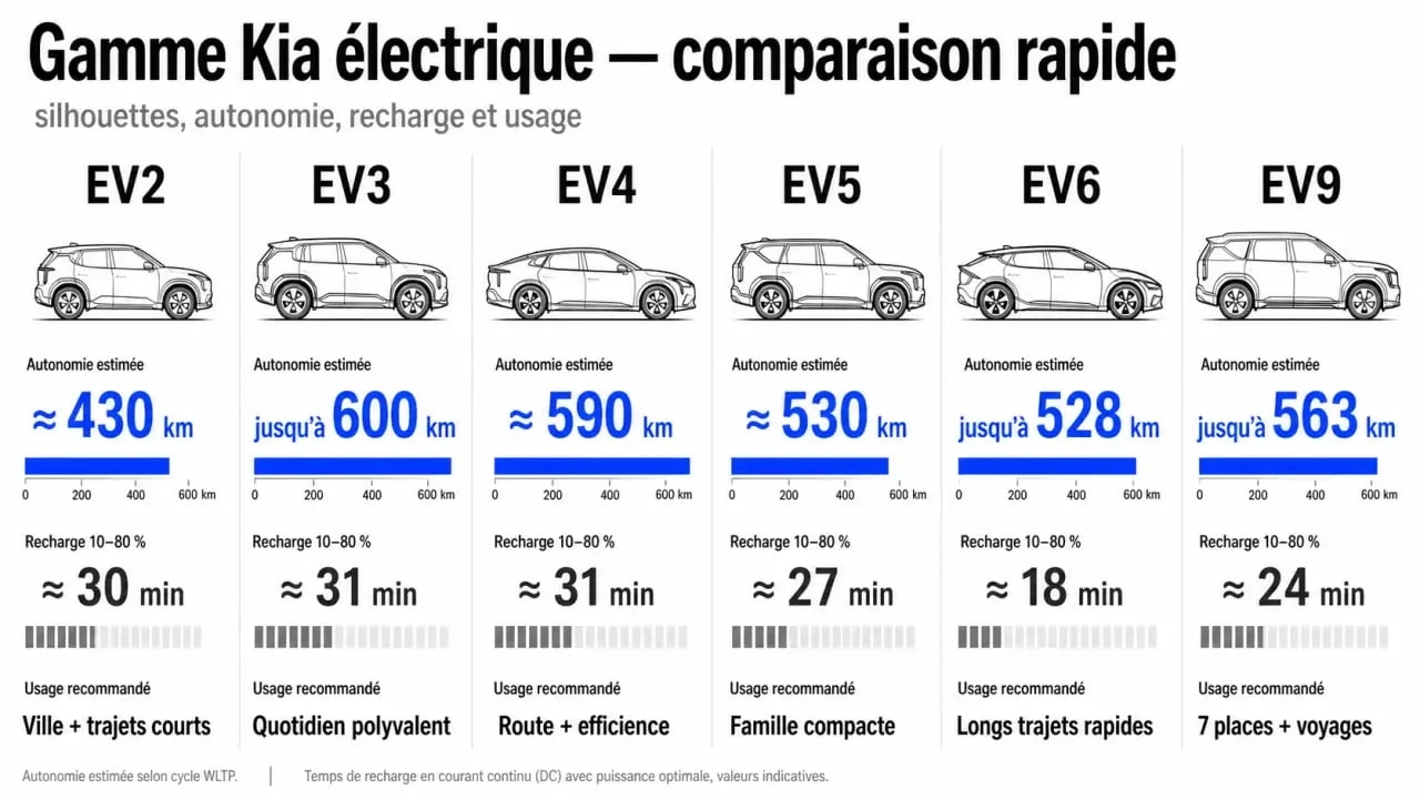 Voiture électrique Kia : comparaison visuelle des modèles EV2, EV3, EV4, EV5, EV6 et EV9