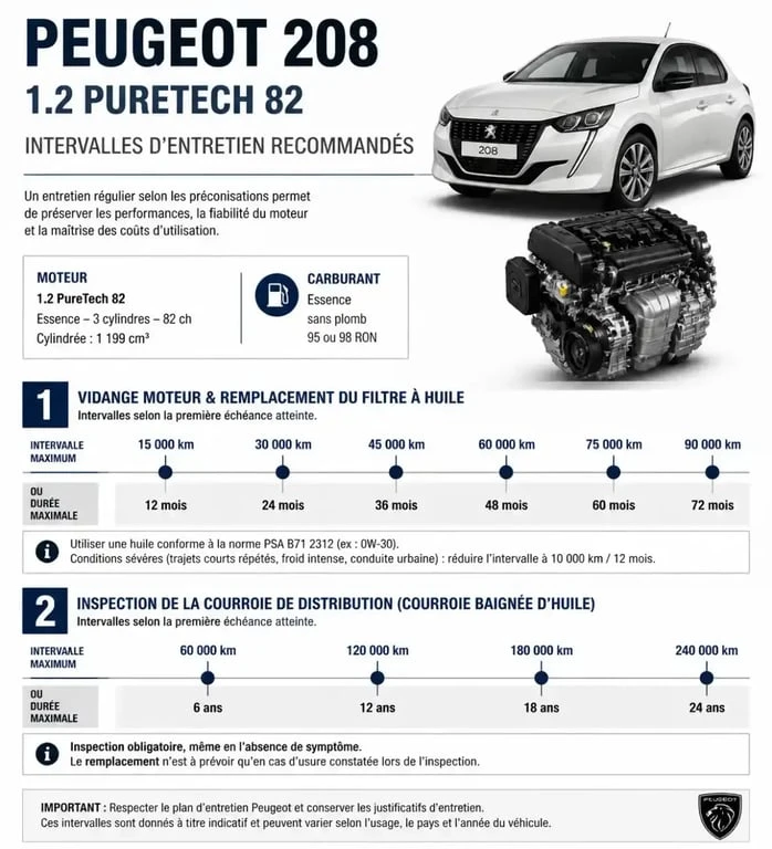 Infographie des intervalles d'entretien pour moteur Peugeot 208 1.2 PureTech 82