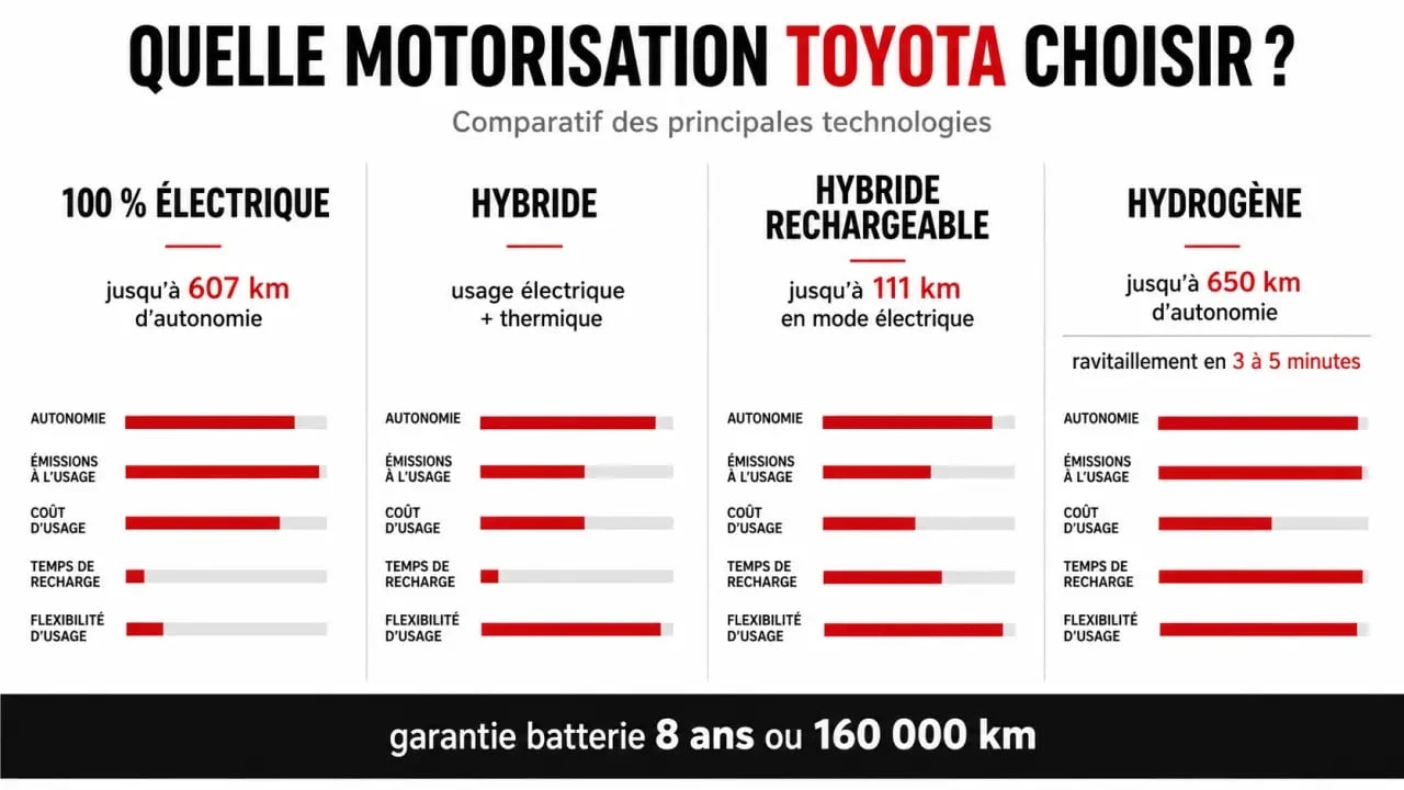 Comparatif Toyota voiture électrique, hybride, hybride rechargeable et hydrogène avec les chiffres clés