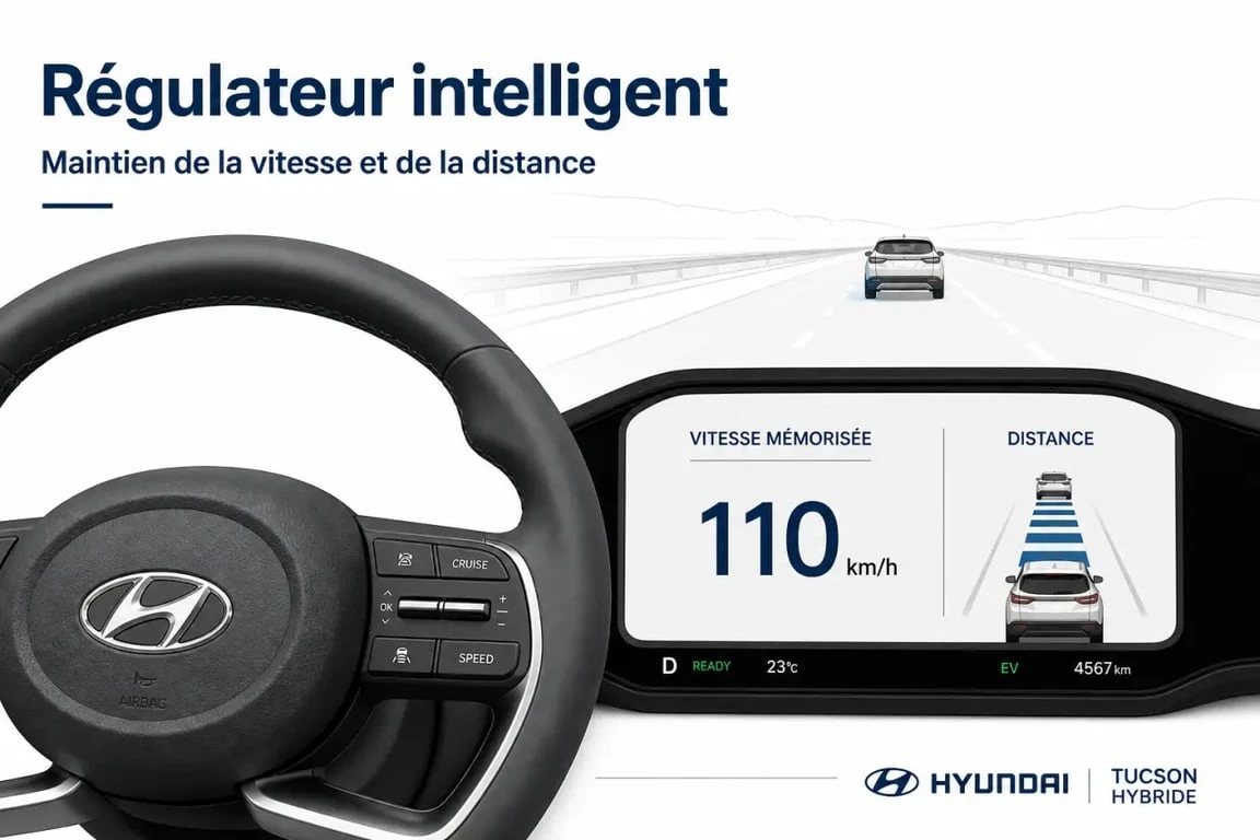 mettre regulateur intelligent sur tucson hybride : commandes au volant et affichage du tableau de bord