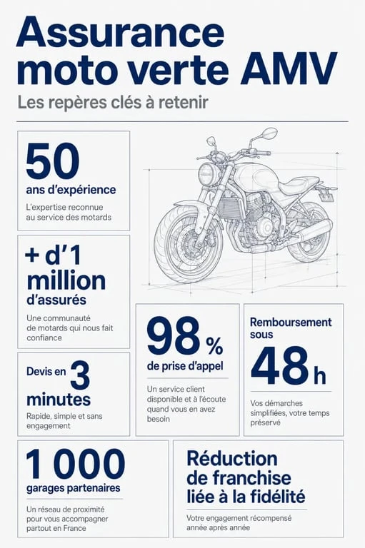 Infographie assurance moto verte AMV avec chiffres clés, devis rapide et garanties