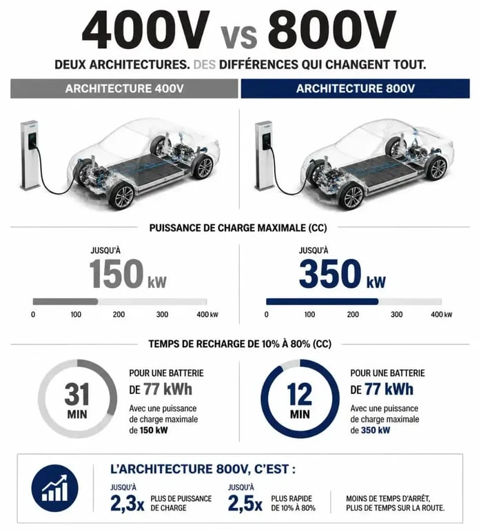 Infographie comparative recharge ultra-rapide voiture électrique 400V vs 800V