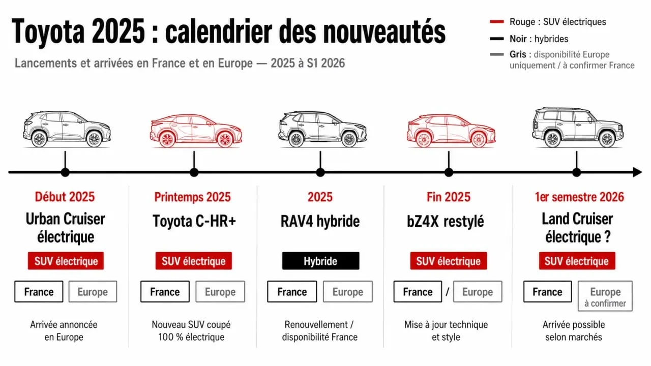 Nouvelle Toyota 2025 : calendrier visuel des lancements Toyota 2025-2026 en Europe et en France