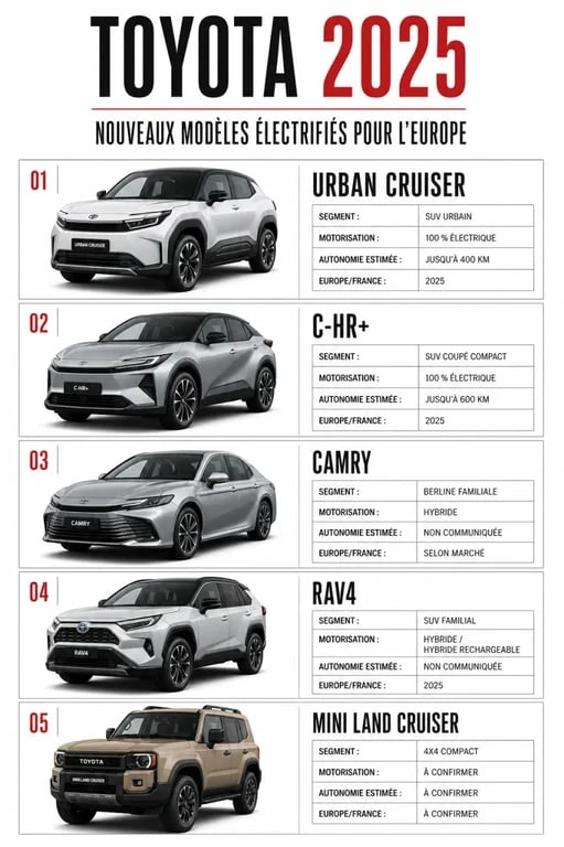 Nouvelle Toyota 2025 : comparatif visuel des Urban Cruiser, C-HR+, Camry, RAV4 et Mini Land Cruiser