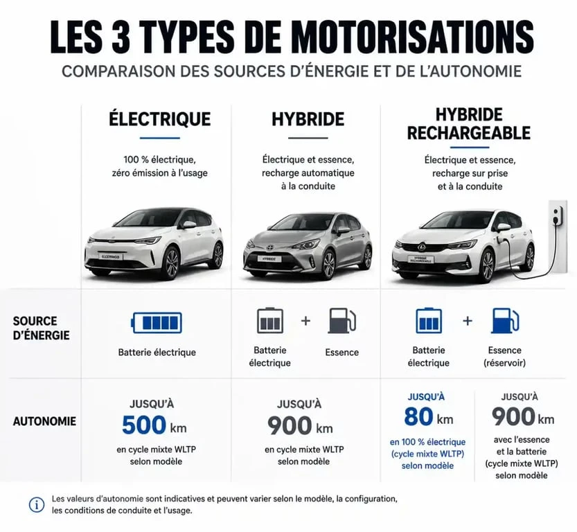Comparatif des motorisations voiture électrique et hybride : BEV, HEV et PHEV