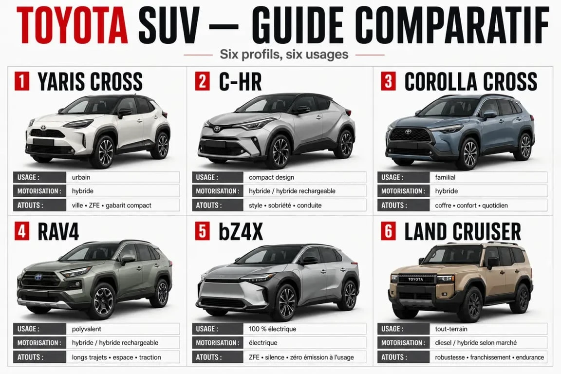 Infographie éditoriale sur la gamme Toyota SUV avec comparaison des modèles Yaris Cross, C-HR, Corolla Cross, RAV4, bZ4X et Land Cruiser