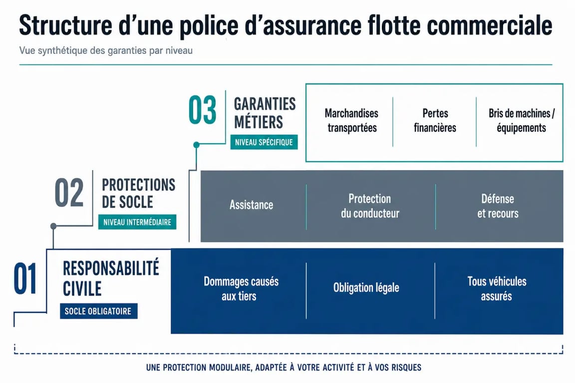 Infographie explicative des garanties de l'assurance flotte de véhicules professionnels pour les entreprises