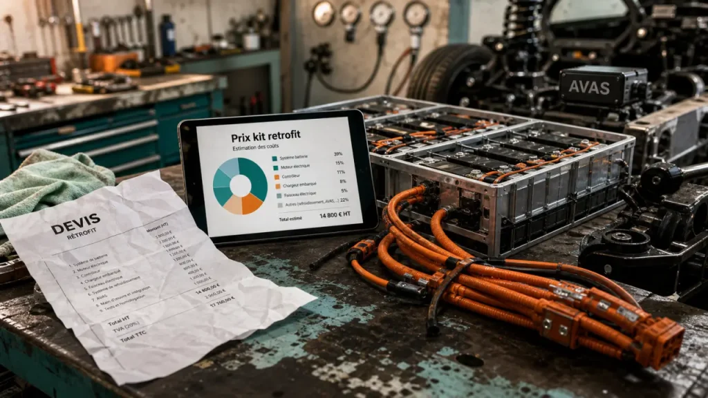 Kit conversion voiture thermique en électrique prix, atelier retrofit avec faisceau HT orange et batterie LFP