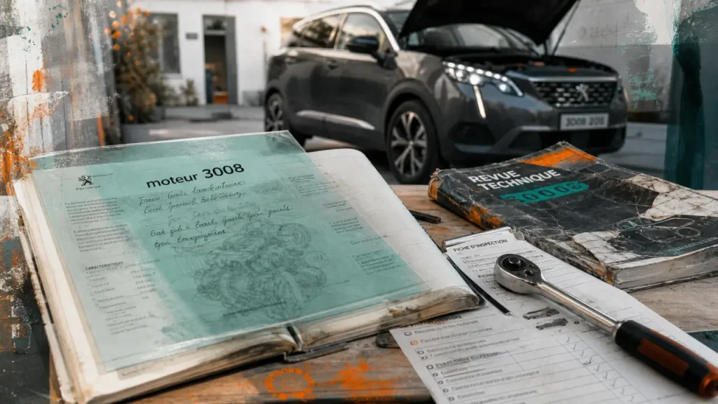 Peugeot 3008 moteur, carnet d’entretien ouvert