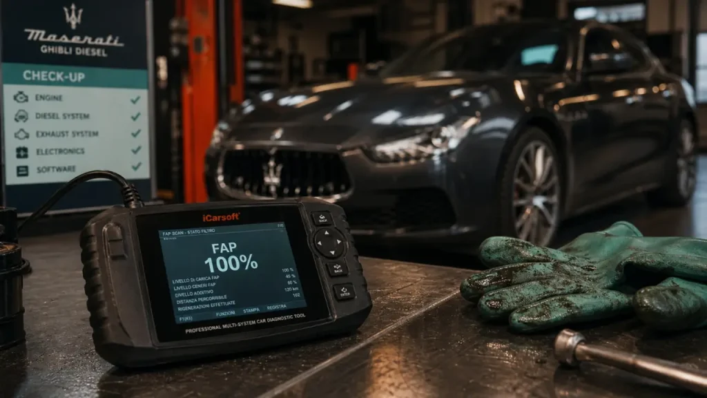 Problème moteur Maserati Ghibli diesel : FAP 100%, sonde différentielle, huile à contrôler