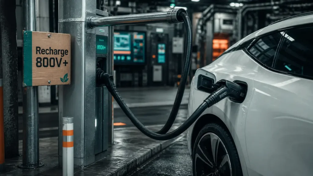Recharge ultra-rapide voiture électrique sur station 800V+ en autoroute