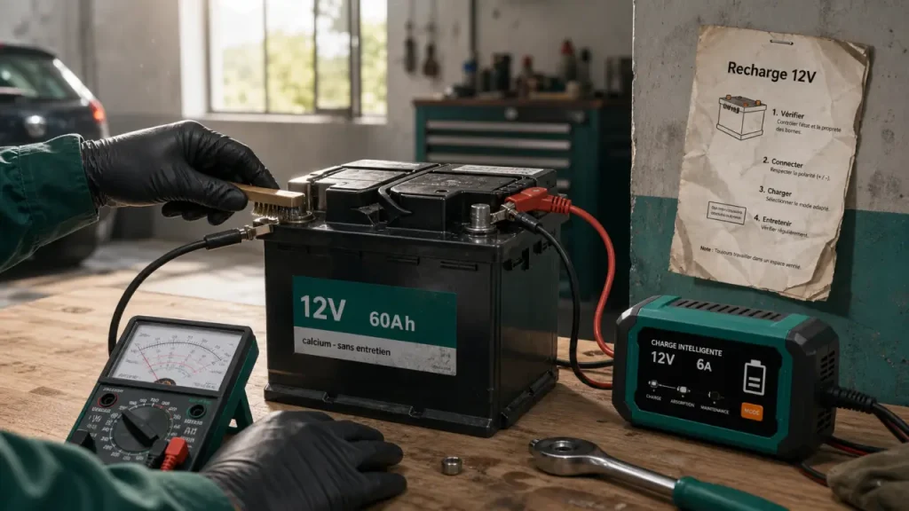 Recharger une batterie 12V à 12,6 V : bornes propres et erreurs à éviter