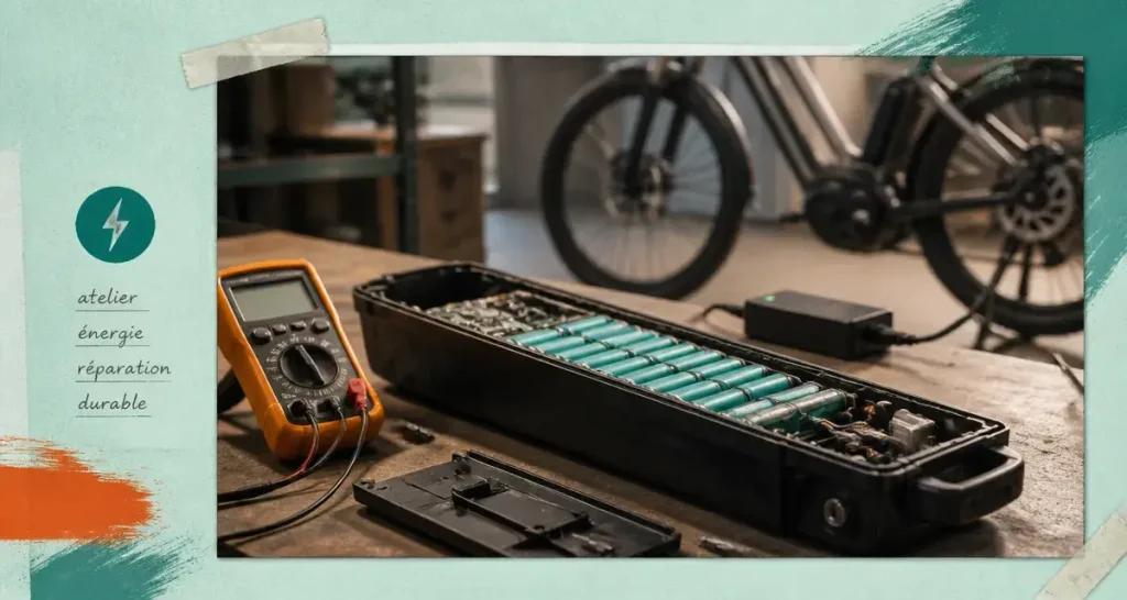 Batterie vélo électrique ouverte, cellules lithium-ion en atelier
