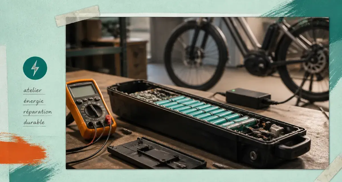 Batterie vélo électrique ouverte, cellules lithium-ion en atelier