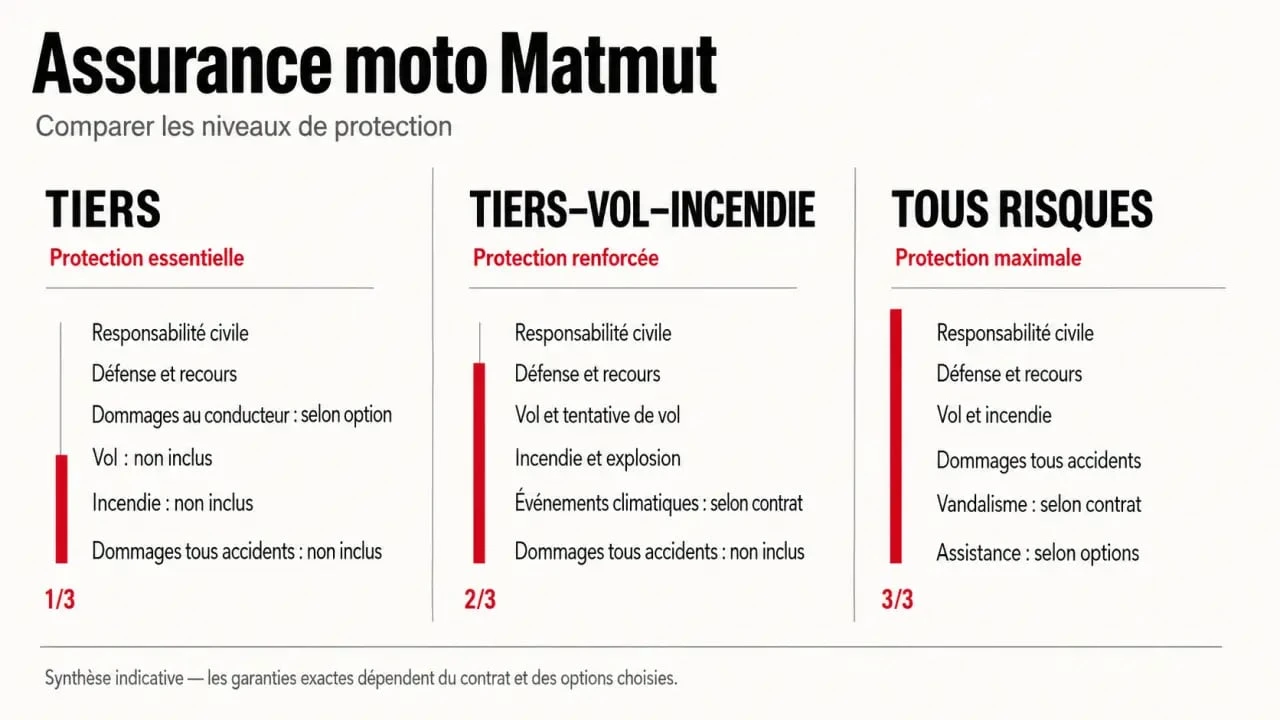 Assurance matmut moto : comparaison visuelle des formules Tiers, Tiers-vol-incendie et Tous risques