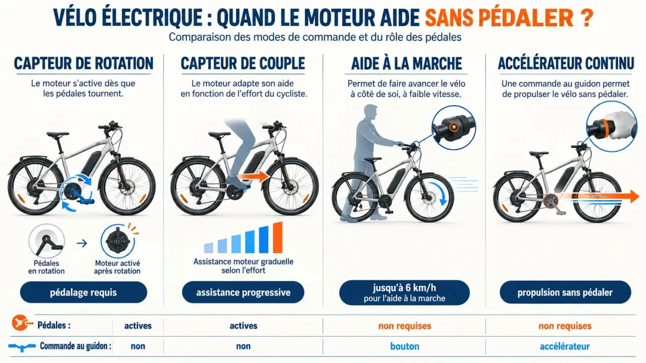 Infographie sur le vélo électrique sans pédalage et les différences entre capteurs, aide à la marche et accélérateur