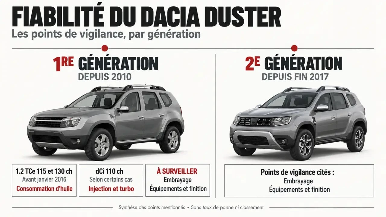Infographie sur la fiabilité du Dacia Duster et ses principaux points de contrôle
