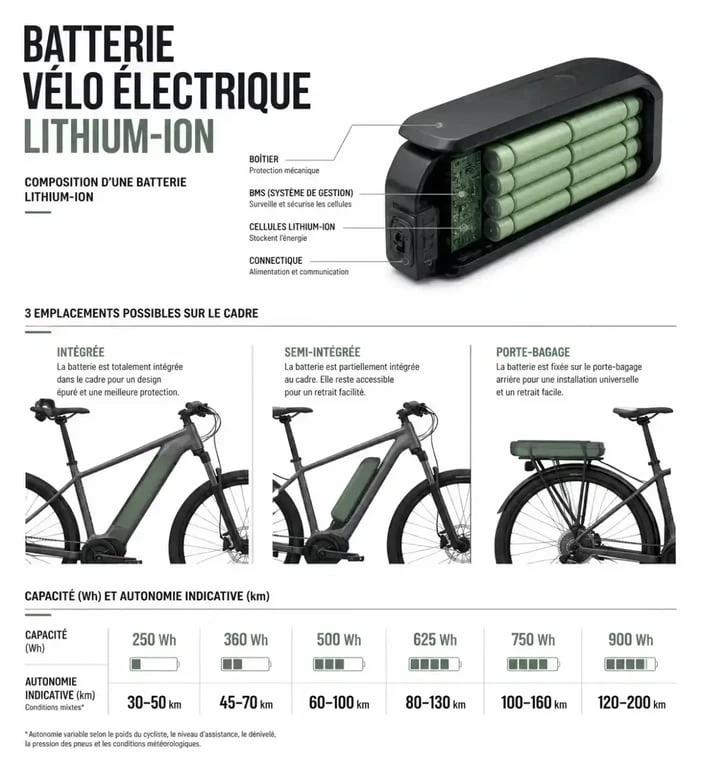 Schéma batterie vélo électrique montrant emplacements et autonomie selon capacité