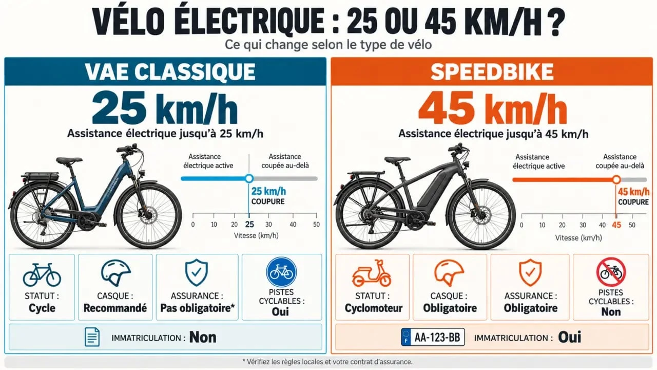 Infographie comparative sur la vitesse d’un vélo électrique à 25 km/h et d’un speedbike à 45 km/h