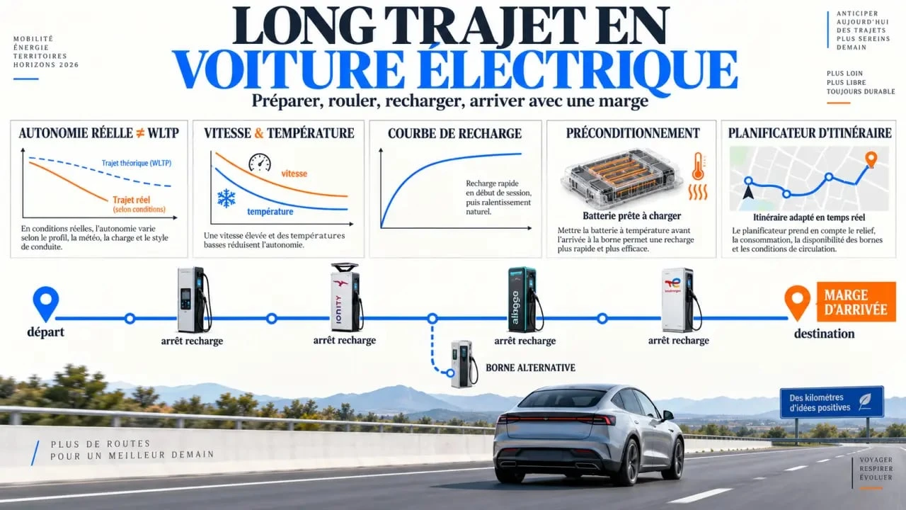 Préparer un long trajet en voiture électrique 2026 avec recharge et autonomie réelle