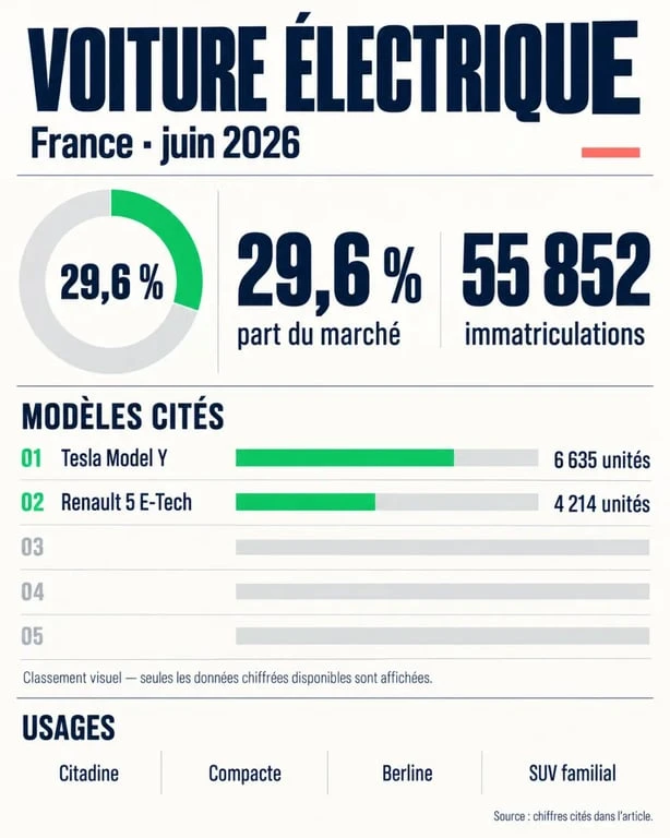 Infographie sur le marché de la voiture électrique 2026 et le classement des modèles en France