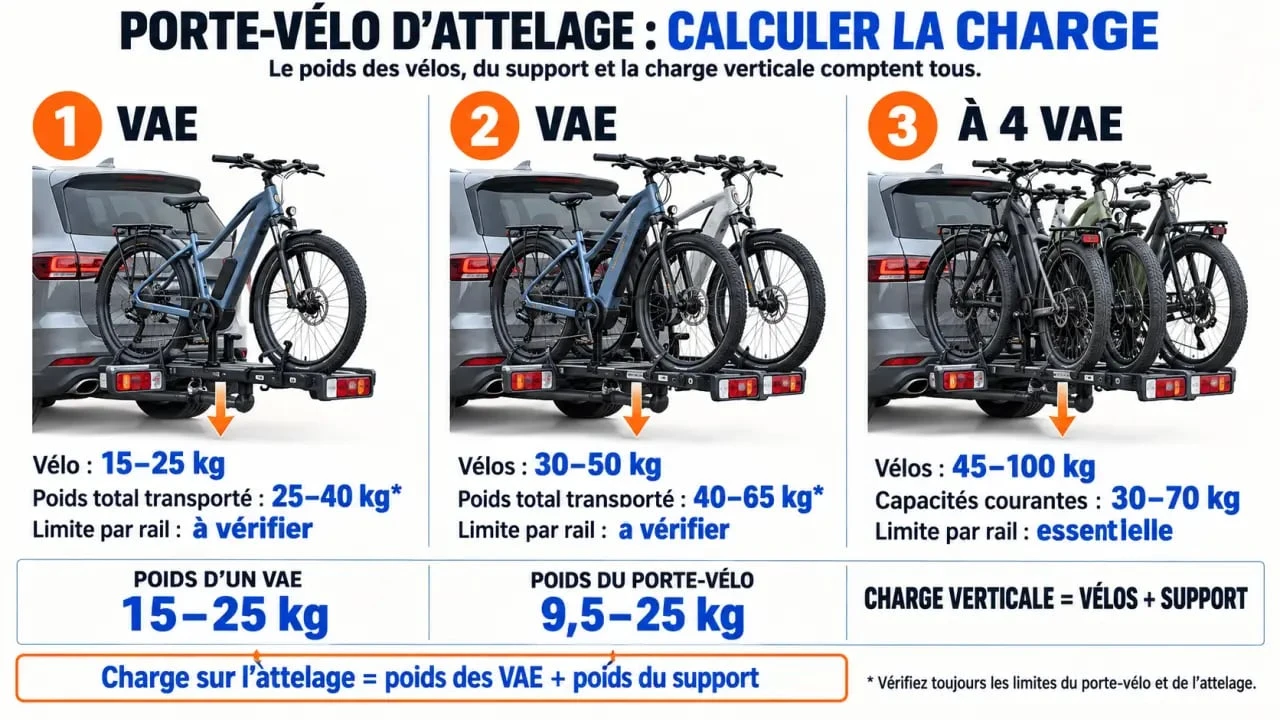 Infographie sur la charge utile d'un porte vélo électrique pour un ou plusieurs VAE
