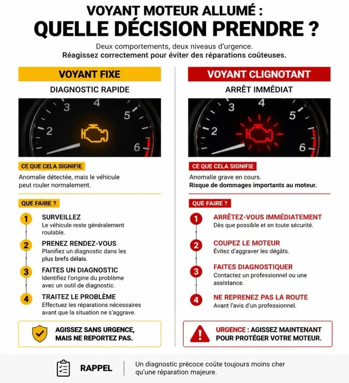 Infographie sur la signification et les actions à prendre face à un voyant moteur allumé sur le tableau de bord