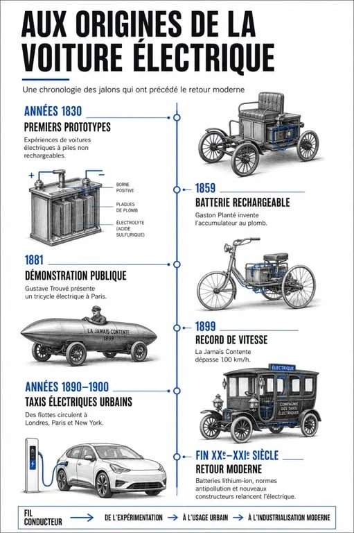 Première voiture électrique : frise chronologique des grandes étapes historiques