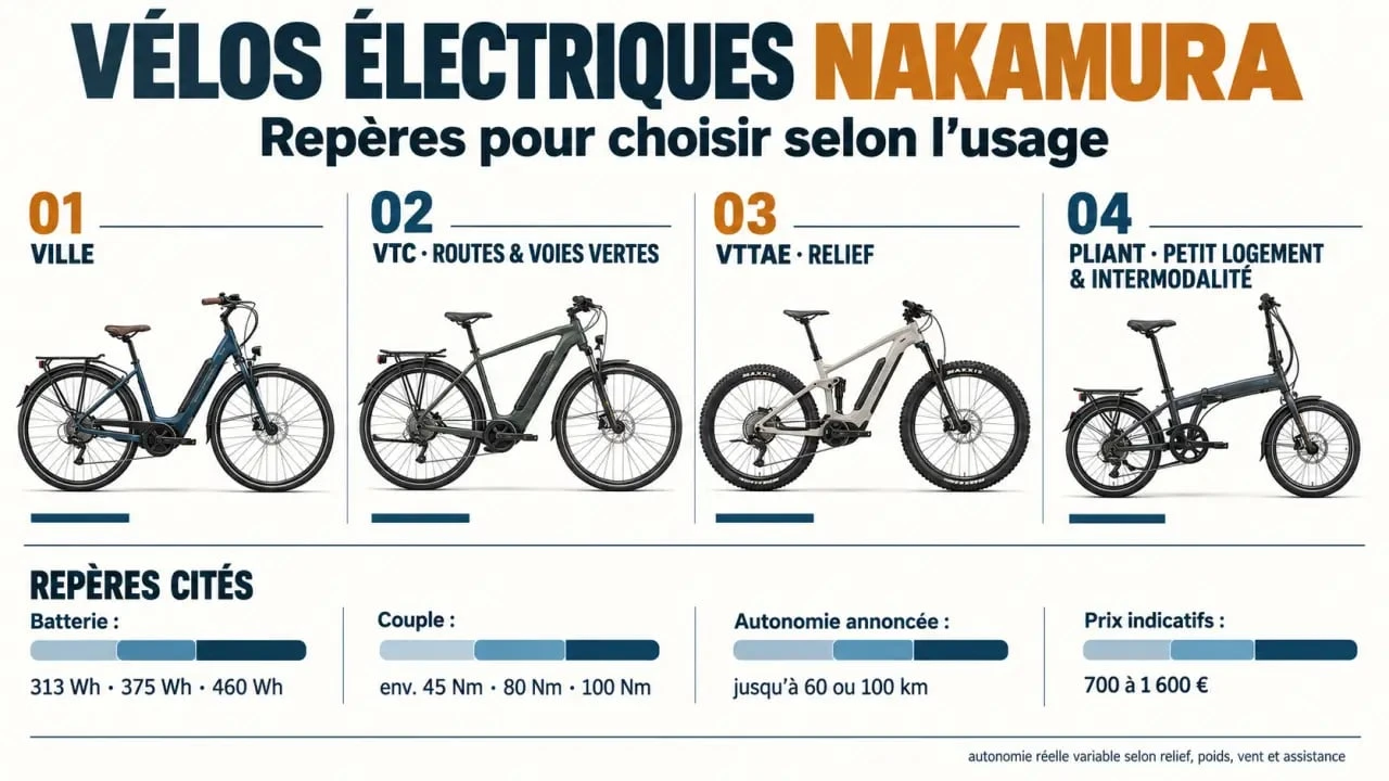 Vélo électrique Nakamura : infographie des usages, de l’autonomie, du couple moteur et des prix