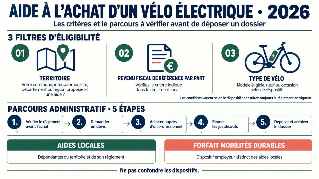 Infographie sur l’aide achat vélo électrique 2026, les critères d’éligibilité et les démarches