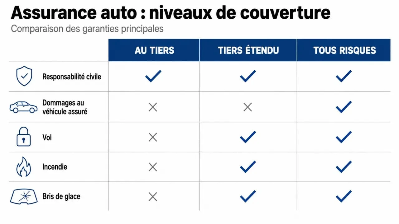 Assurance auto au tiers : comparaison visuelle entre tiers, tiers étendu et tous risques